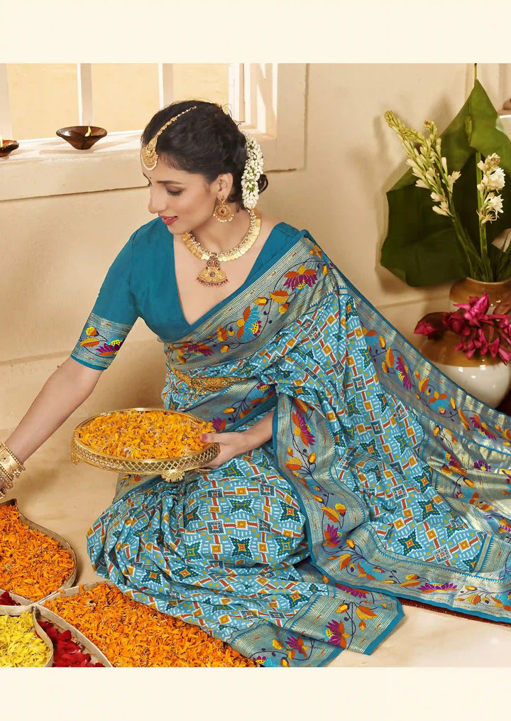 Premium Cotton Silk Sky Blue Saree with Ikkat Printed Work – Elegant & Stylish