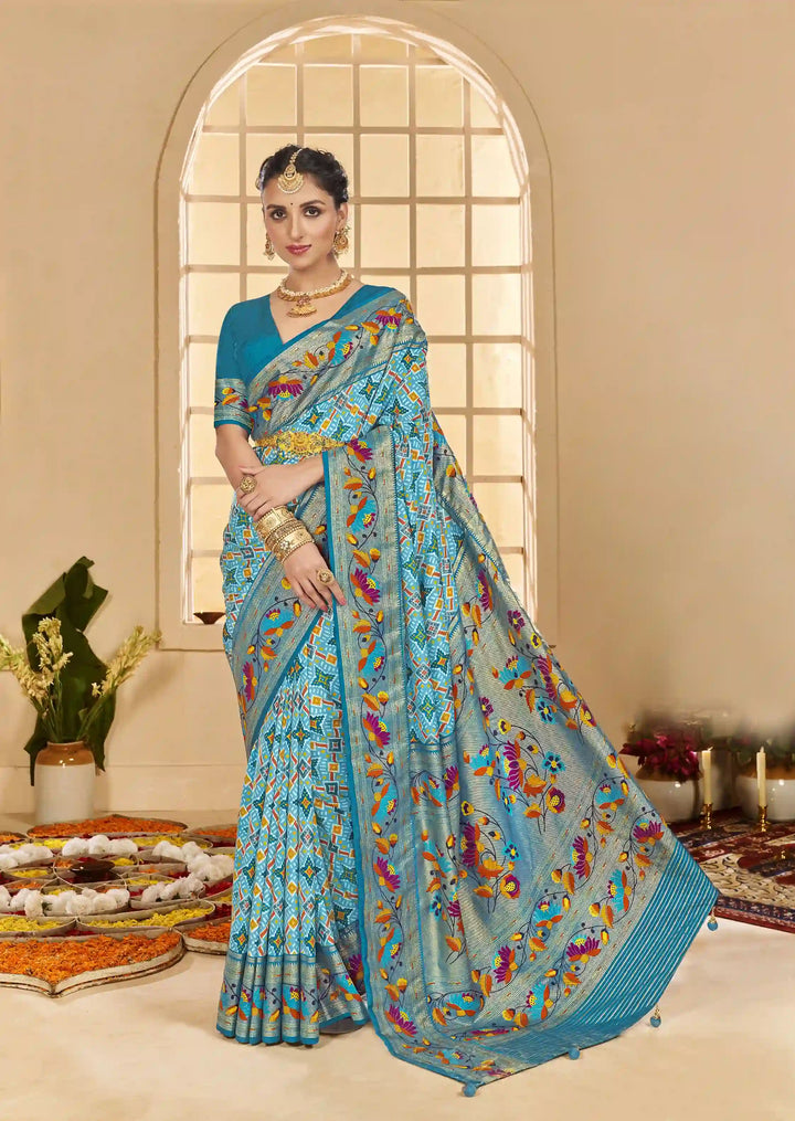 Premium Cotton Silk Sky Blue Saree with Ikkat Printed Work – Elegant & Stylish