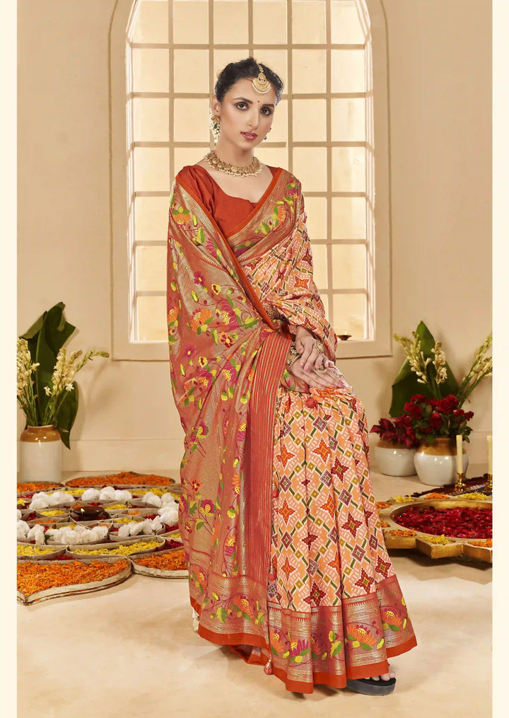 Sophisticated Orange Cotton Silk Saree with Designer Ikkat Prints