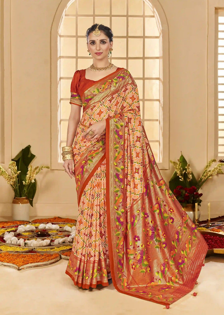 Sophisticated Orange Cotton Silk Saree with Designer Ikkat Prints