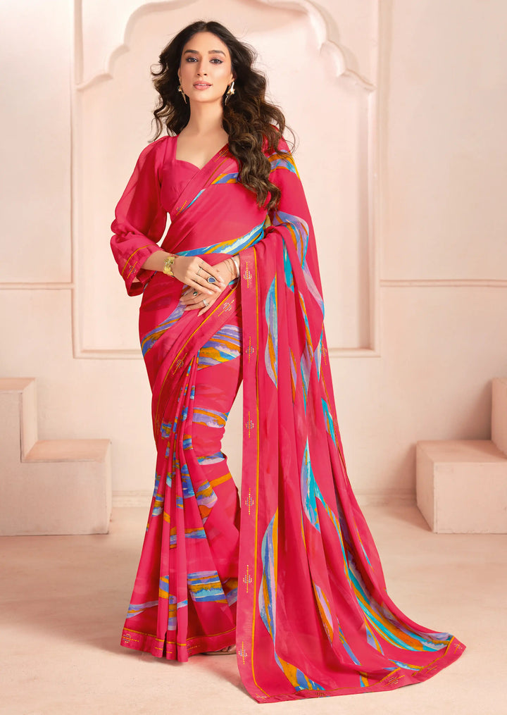 Stunning Rani Pink Georgette Saree – Designer Print for Every Occasion