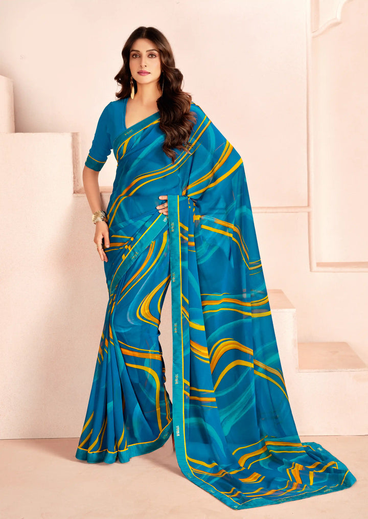 Blue Georgette Saree with Designer Digital Prints – Traditional Elegance