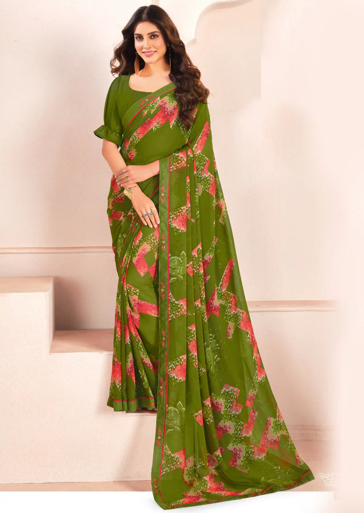 Graceful Green Georgette Saree with Designer Digital Prints