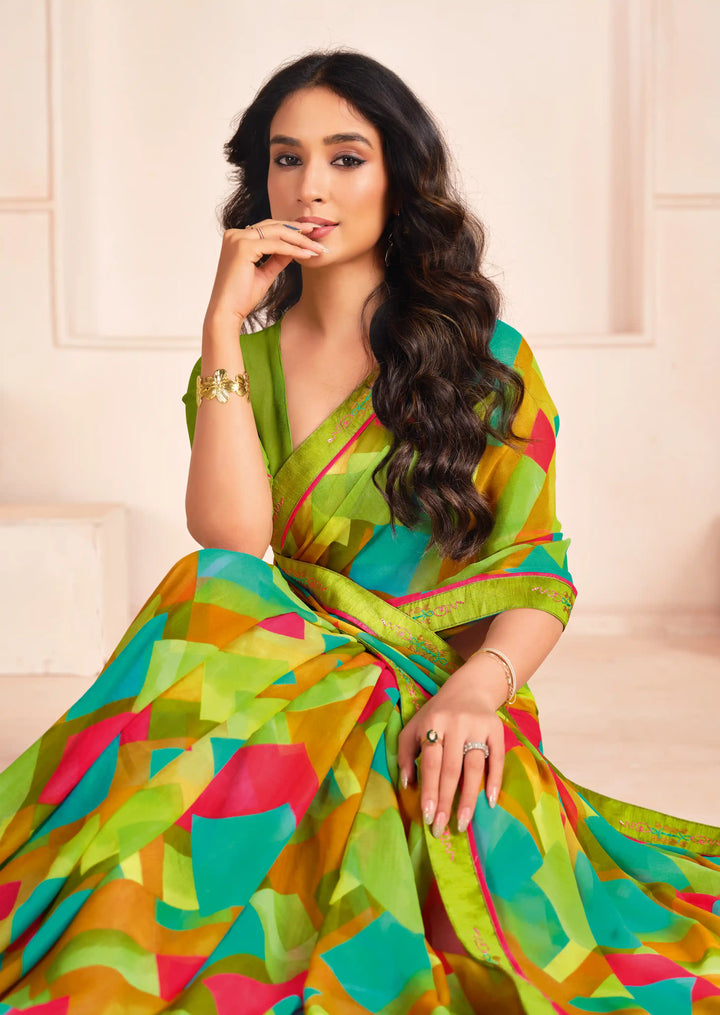 Lightweight Green Georgette Saree with Matching Blouse for Casual Look