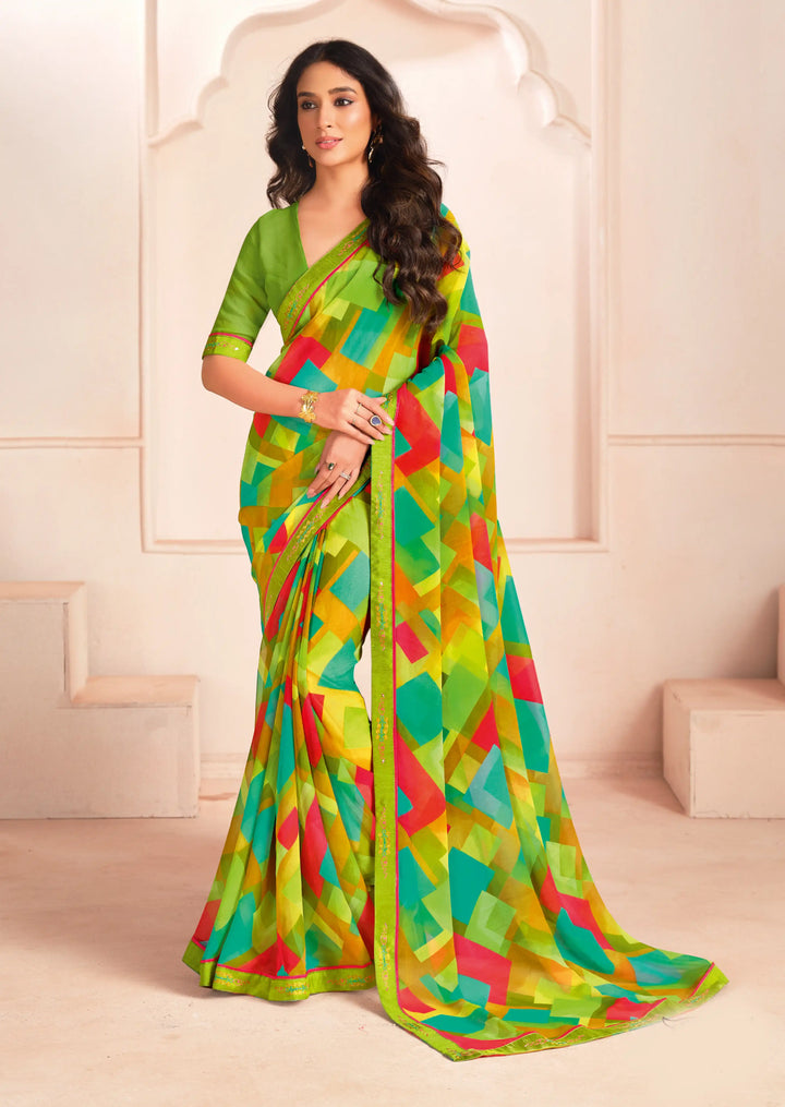 Lightweight Green Georgette Saree with Matching Blouse for Casual Look
