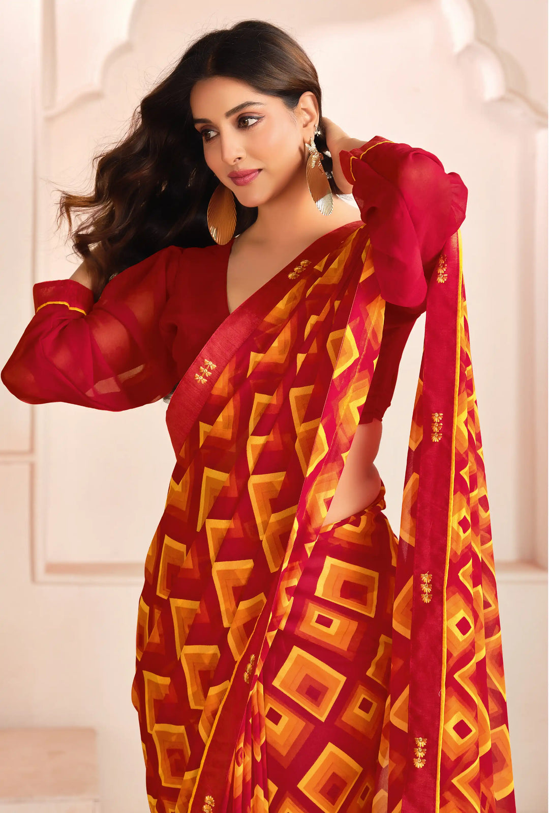 Digital Printed Red Georgette Saree for Party & Festive Looks