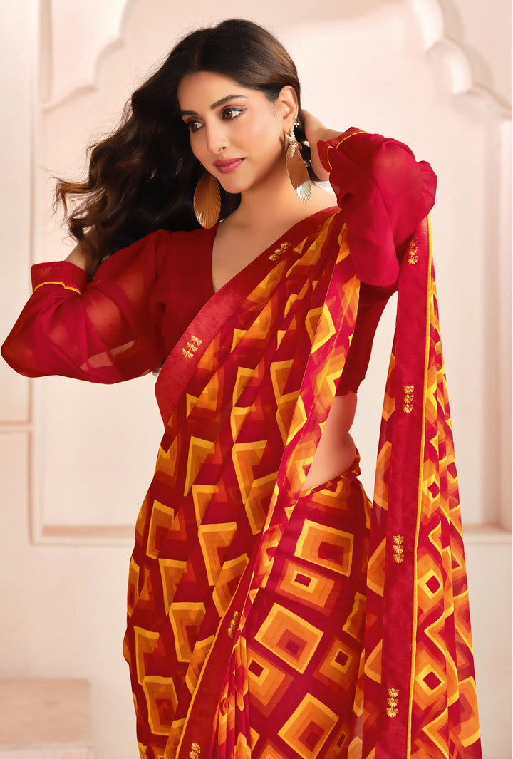 Digital Printed Red Georgette Saree for Party & Festive Looks