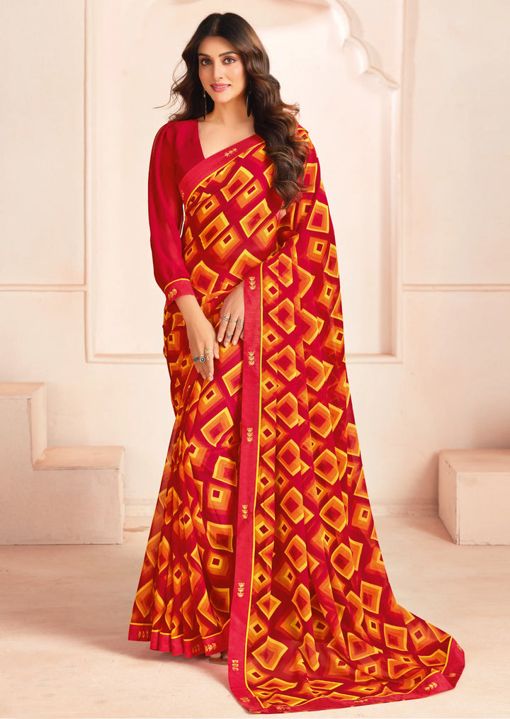 Digital Printed Red Georgette Saree for Party & Festive Looks