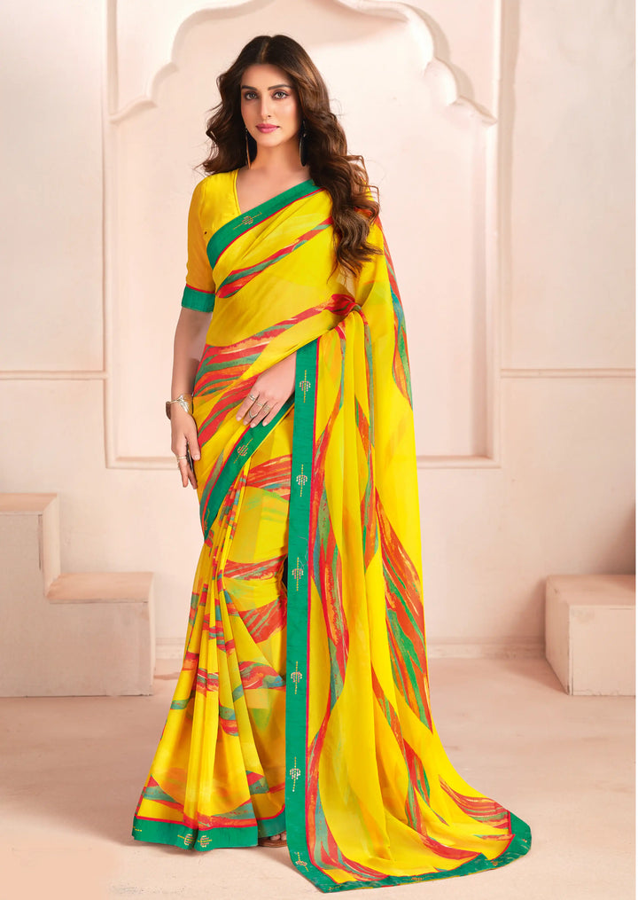 Vibrant Yellow Designer Saree with Matching Georgette Blouse