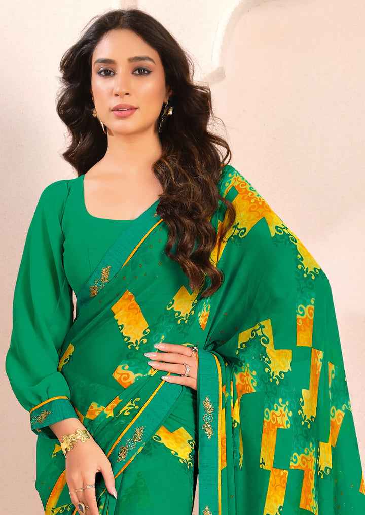 Gorgeous Green Georgette Saree with Matching Blouse