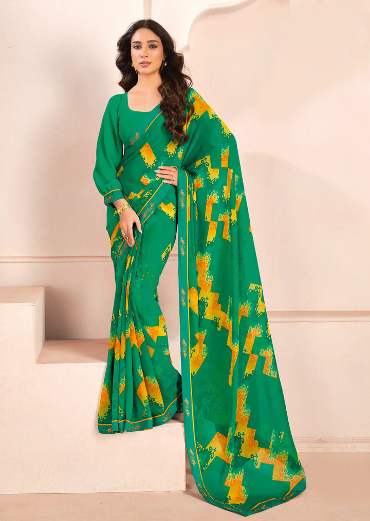 Gorgeous Green Georgette Saree with Matching Blouse