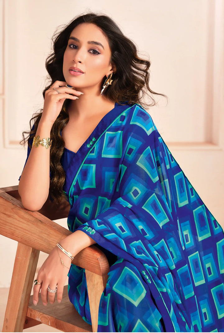 Chic Blue Georgette Saree with Designer Digital Print – A Must-Have in Your Wardrobe