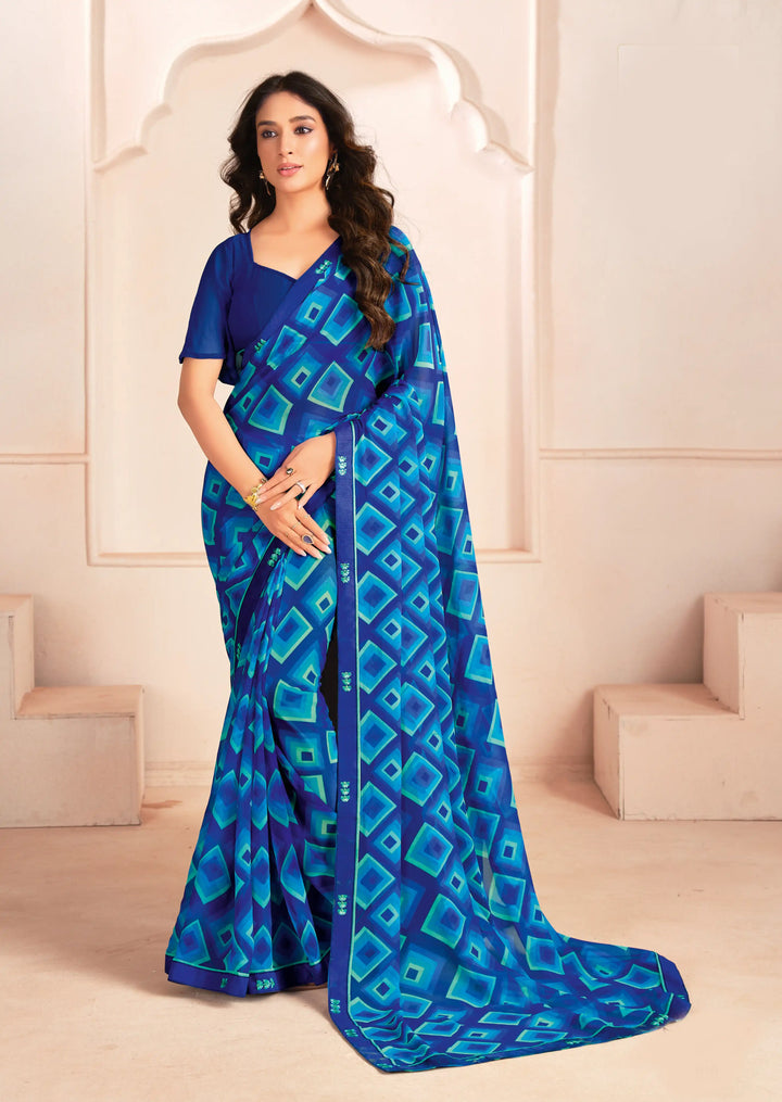Chic Blue Georgette Saree with Designer Digital Print – A Must-Have in Your Wardrobe