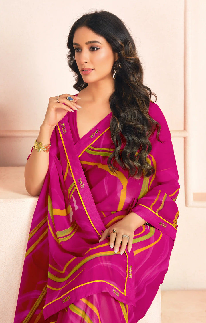 Bright Pink Georgette Saree with Designer Digital Prints – Elegant & Stylish