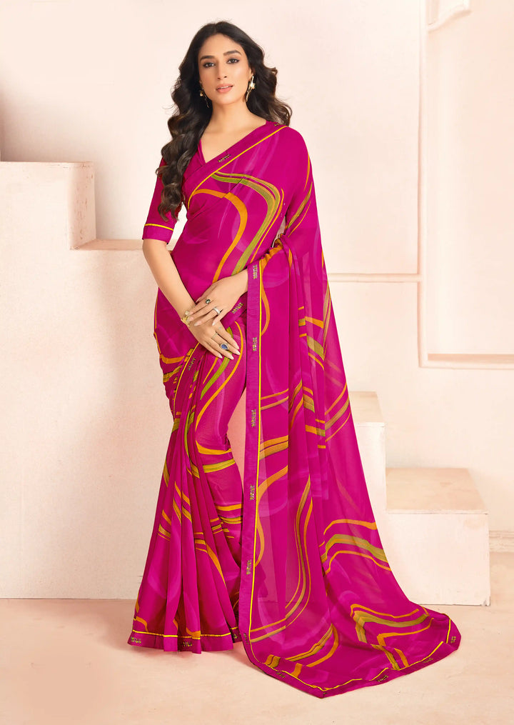 Bright Pink Georgette Saree with Designer Digital Prints – Elegant & Stylish
