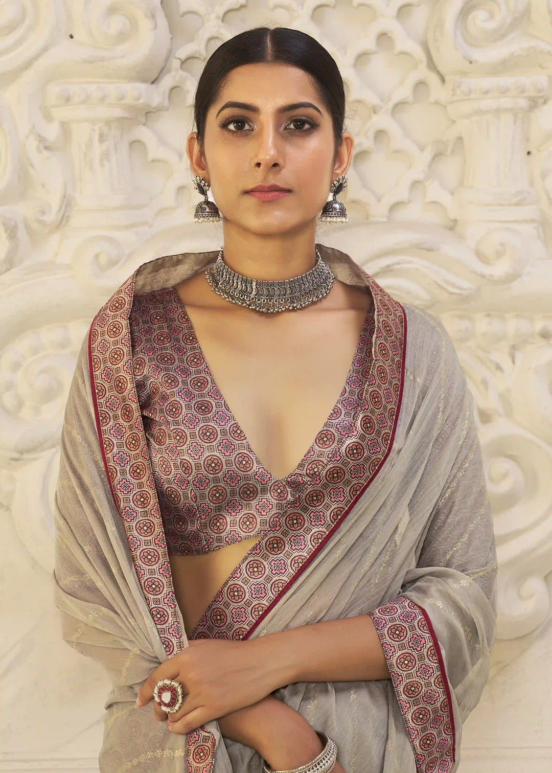 Premium Chiffon Traditional Saree with Foil Print Blouse
