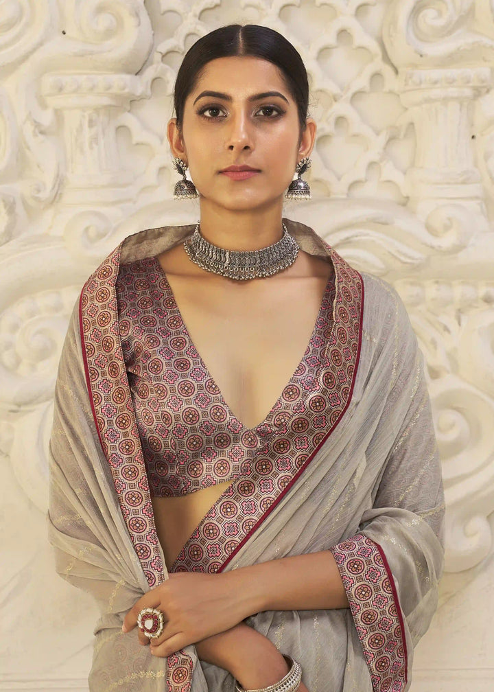 Premium Chiffon Traditional Saree with Foil Print Blouse