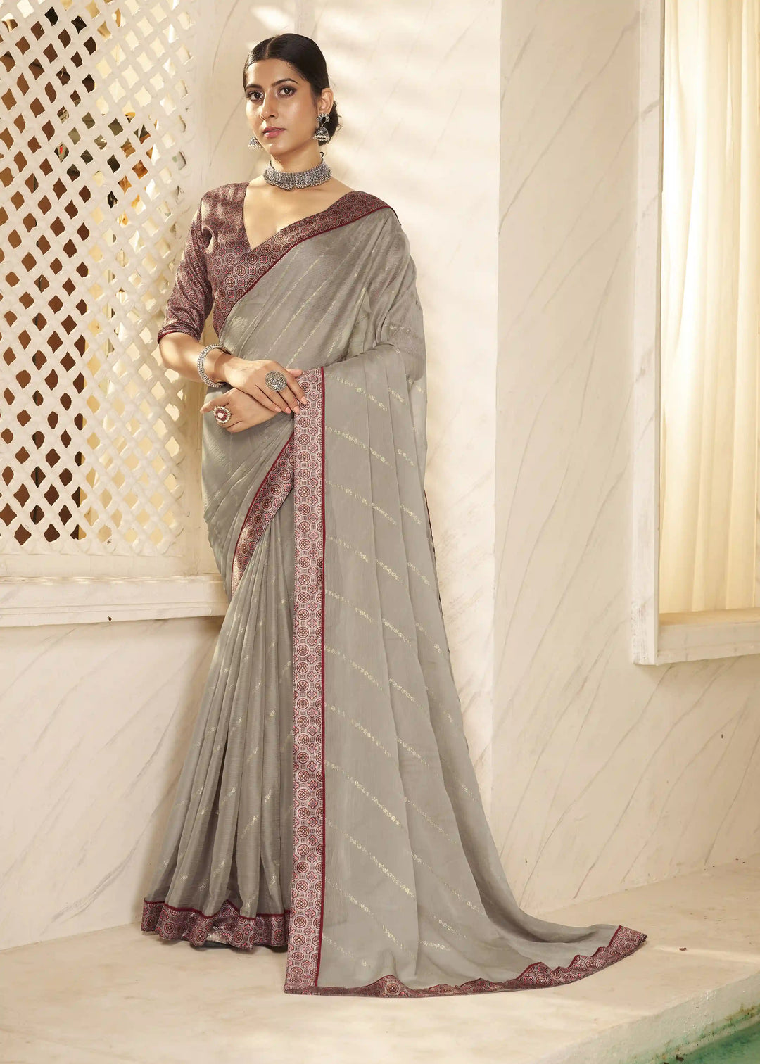 Premium Chiffon Traditional Saree with Foil Print Blouse