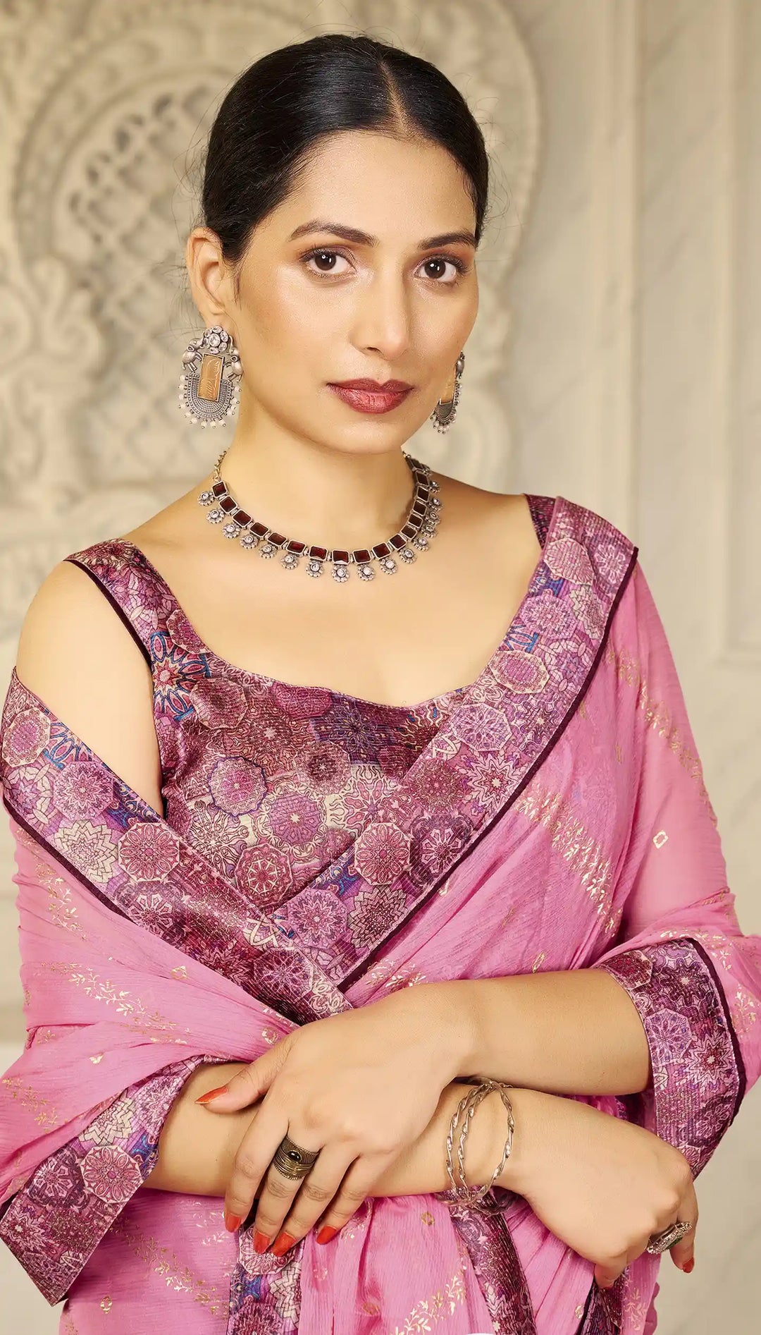Premium Chiffon Traditional Saree with Foil Print Blouse