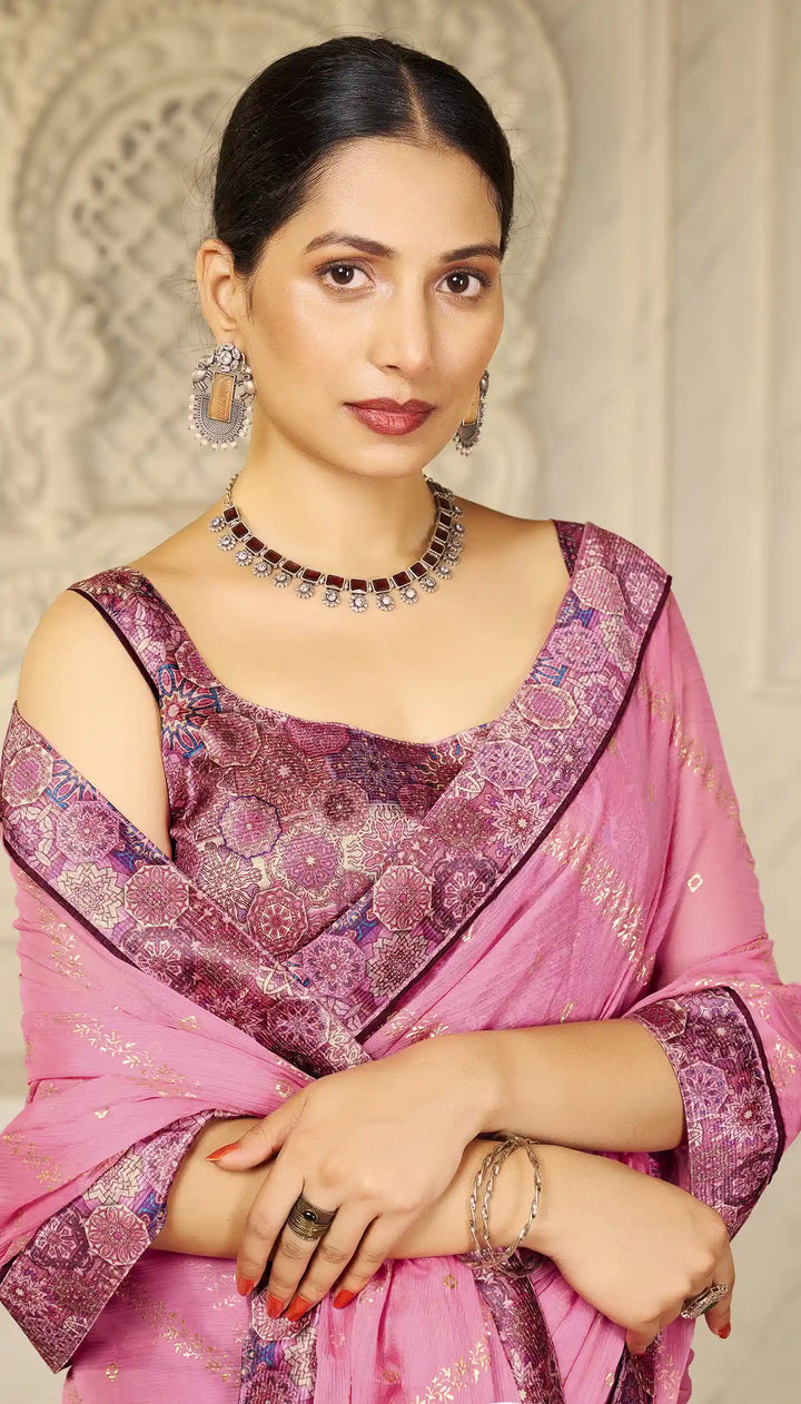 Premium Chiffon Traditional Saree with Foil Print Blouse