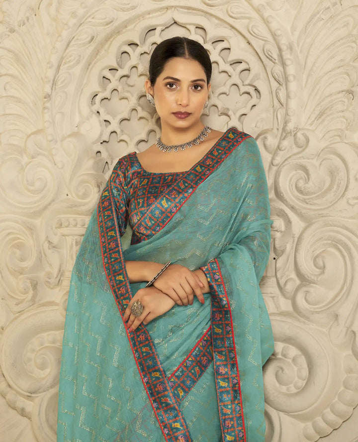 Premium Chiffon Traditional Saree with Foil Print Blouse