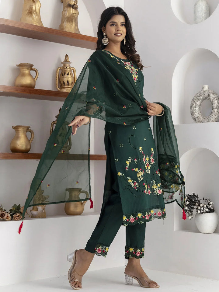 Green Silk Embroidered Suit Set with Stunning Hand Work