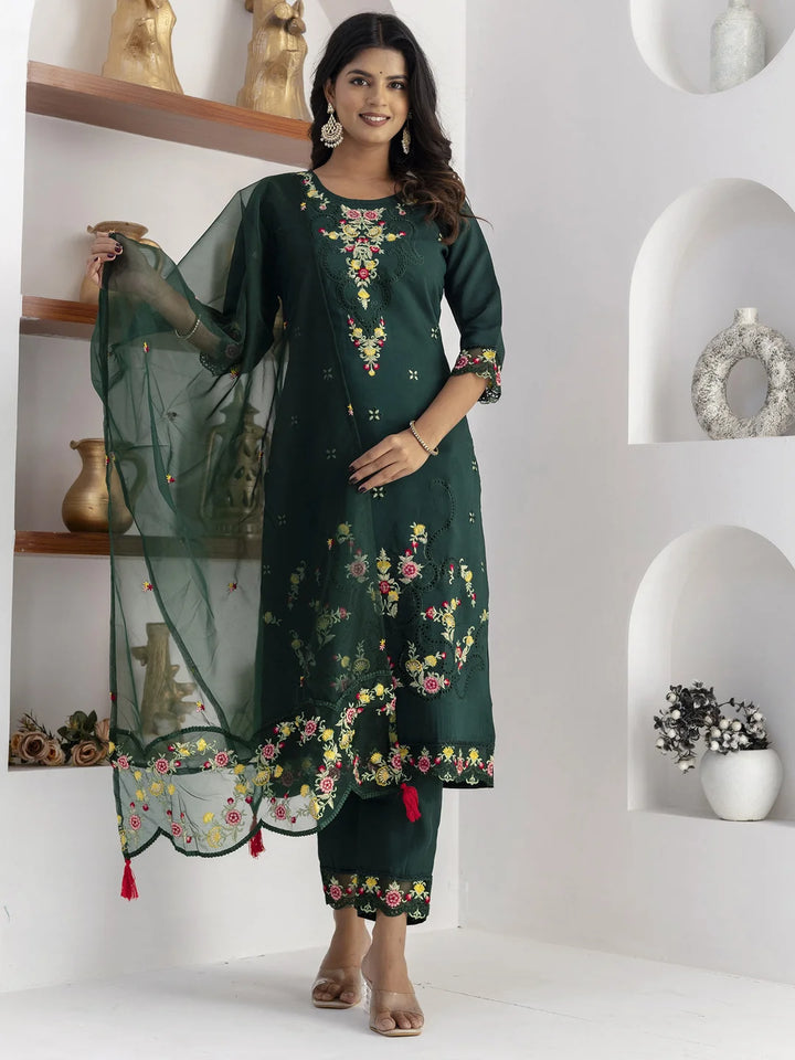 Green Silk Embroidered Suit Set with Stunning Hand Work
