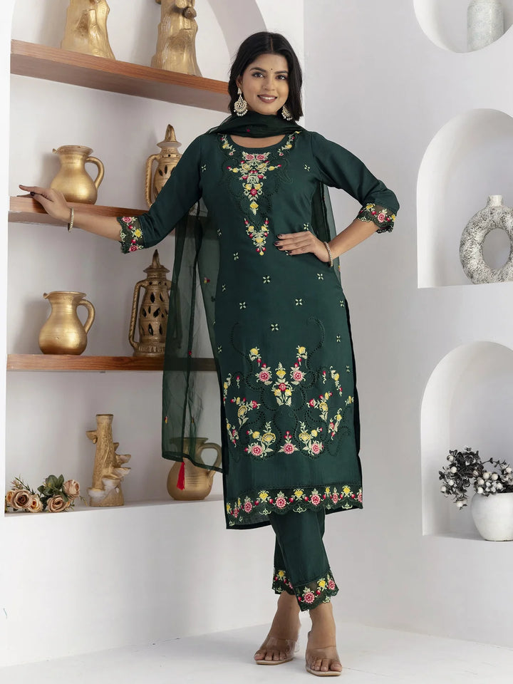 Green Silk Embroidered Suit Set with Stunning Hand Work