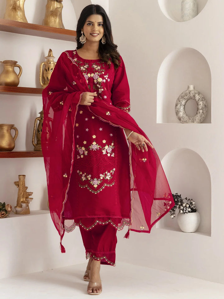 Graceful Red Embroidered Suit Set for Special Occasions