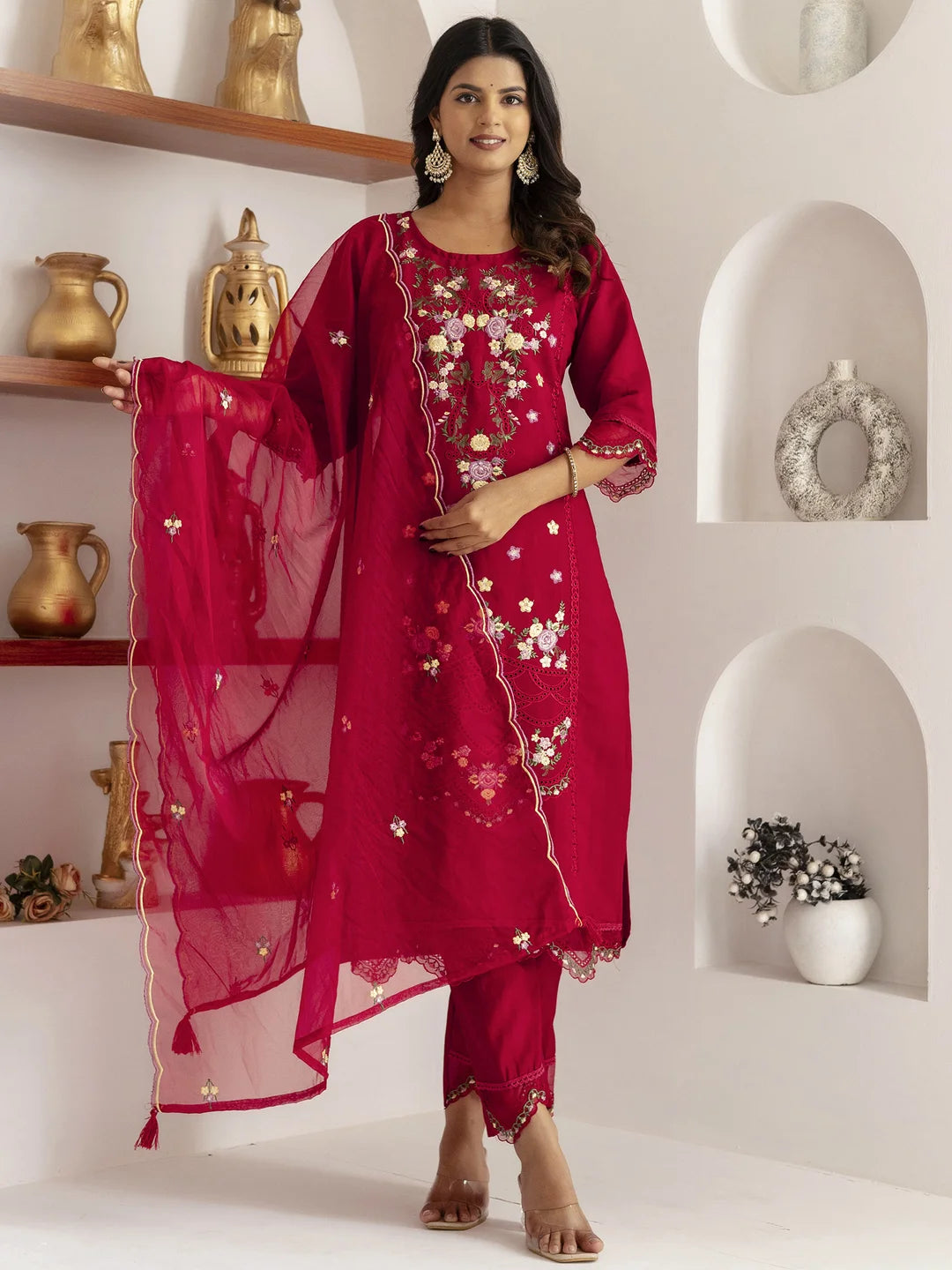 Graceful Red Embroidered Suit Set for Special Occasions