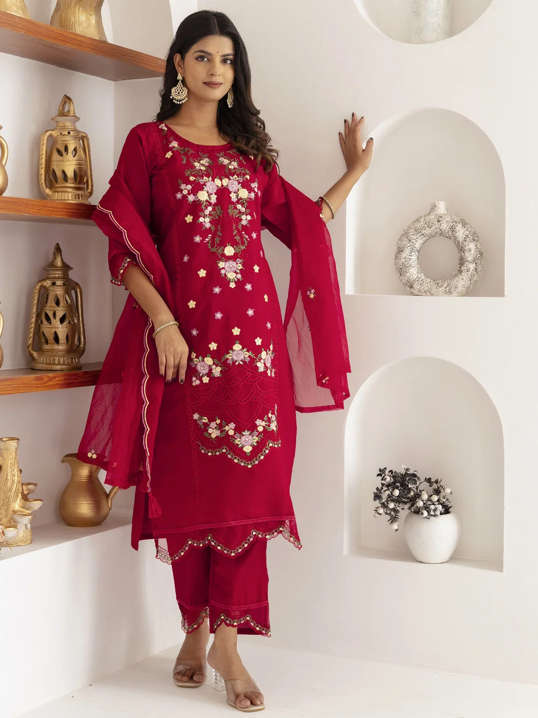 Graceful Red Embroidered Suit Set for Special Occasions