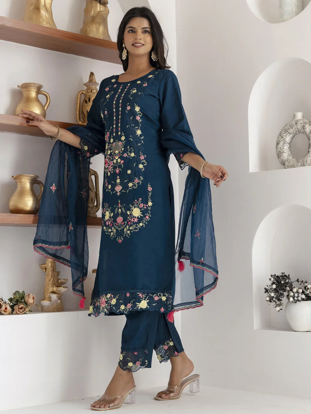Chic Teal Blue Ethnic Suit with Handcrafted Details