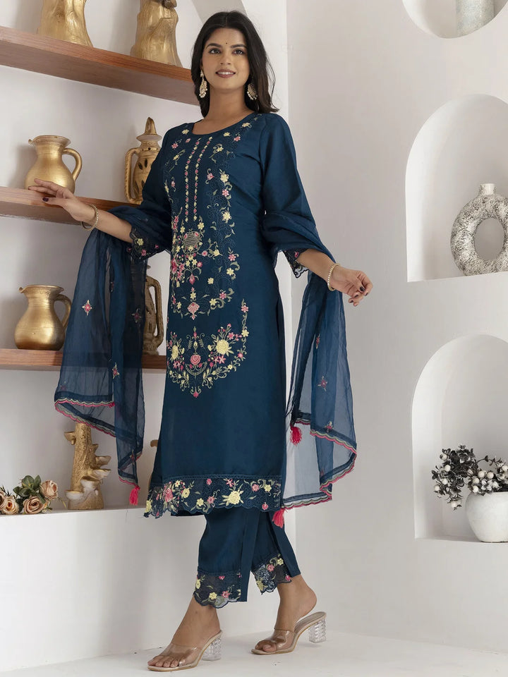Chic Teal Blue Ethnic Suit with Handcrafted Details