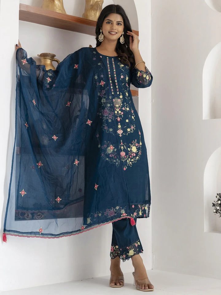 Chic Teal Blue Ethnic Suit with Handcrafted Details