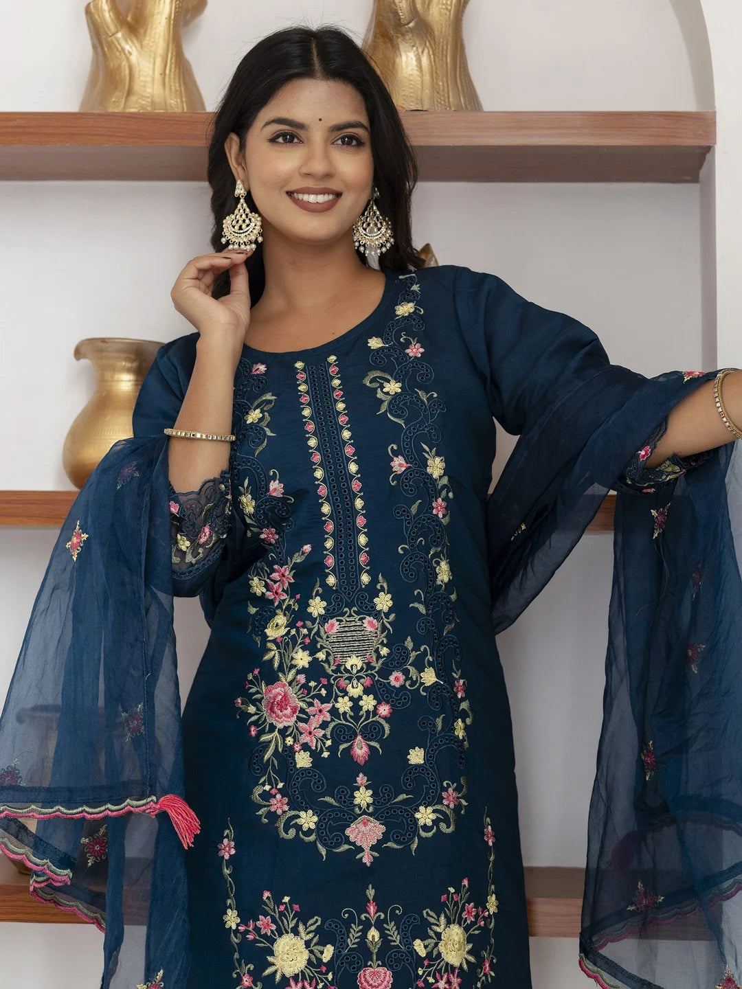 Chic Teal Blue Ethnic Suit with Handcrafted Details