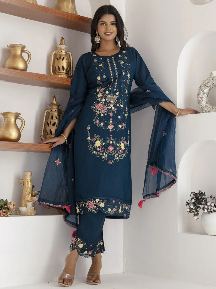 Chic Teal Blue Ethnic Suit with Handcrafted Details