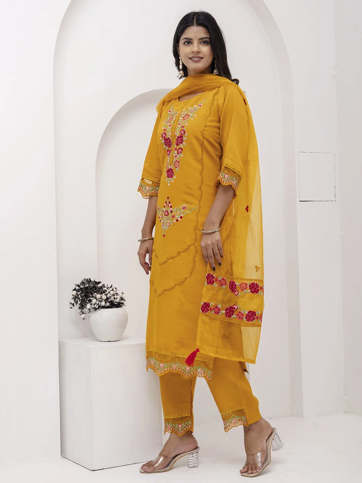 Stylish Mustard Embroidered Suit Set in Silk & Organza