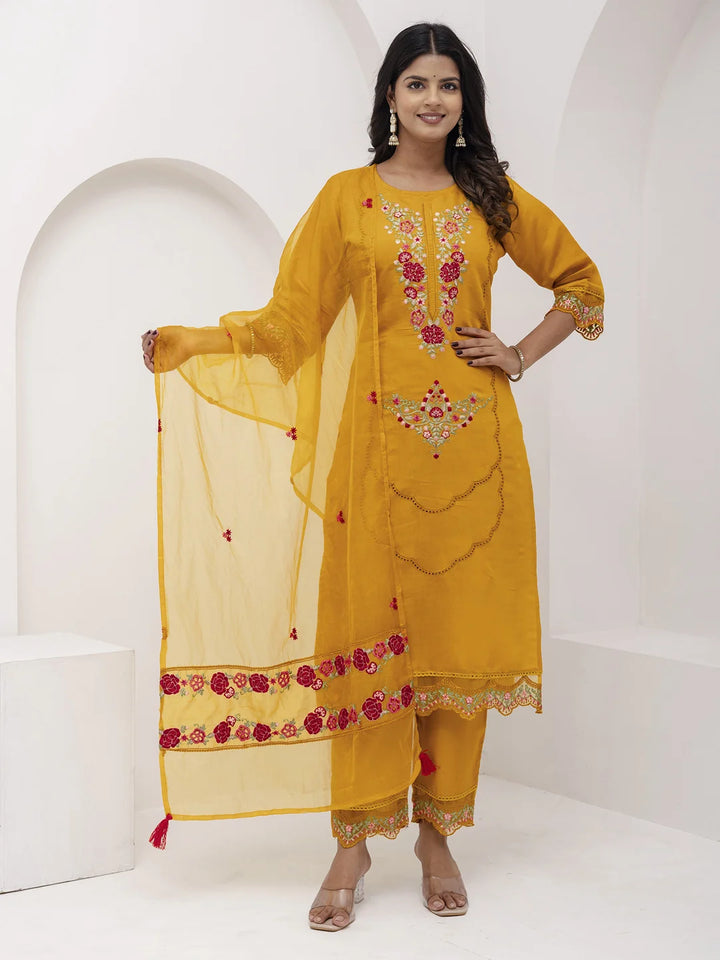 Stylish Mustard Embroidered Suit Set in Silk & Organza