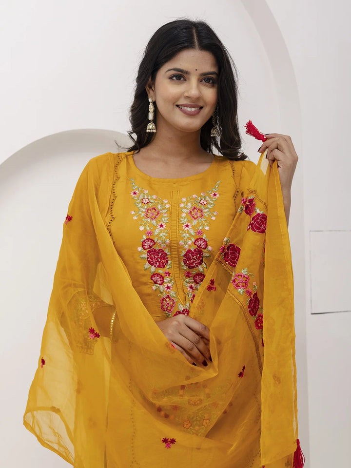 Stylish Mustard Embroidered Suit Set in Silk & Organza