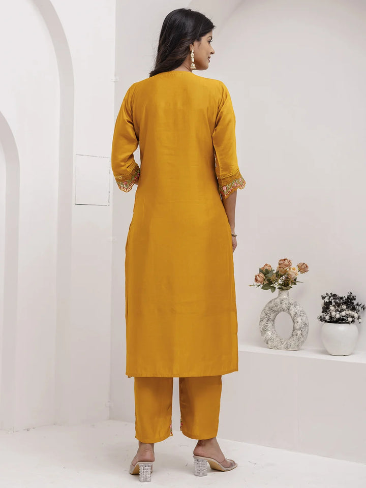 Stylish Mustard Embroidered Suit Set in Silk & Organza