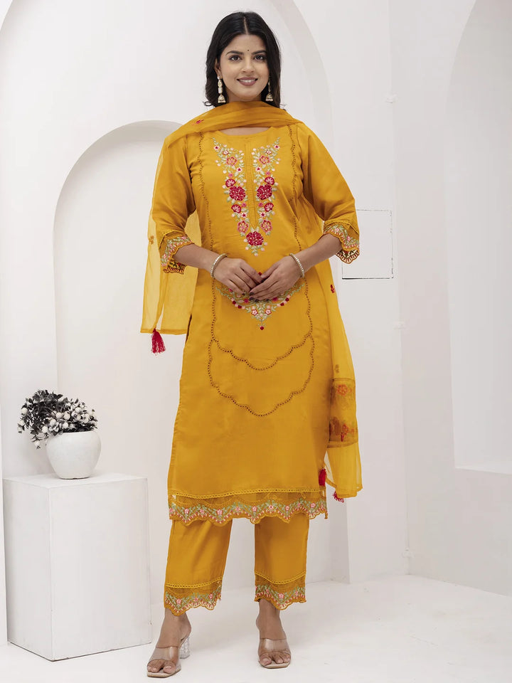 Stylish Mustard Embroidered Suit Set in Silk & Organza