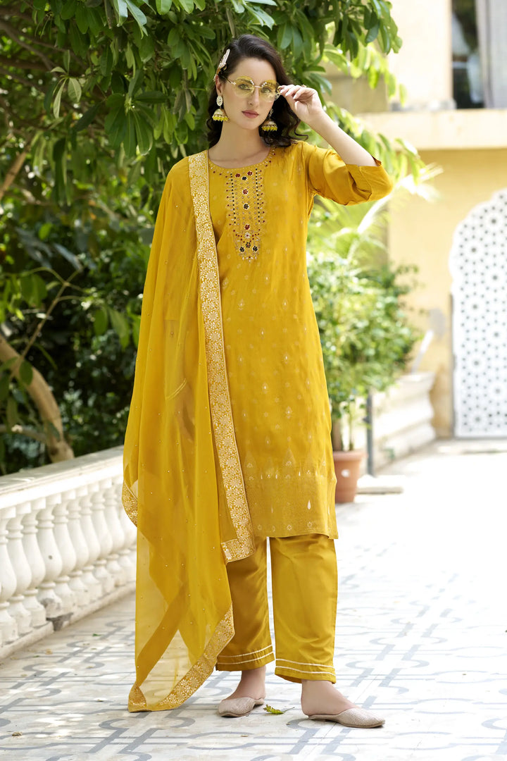 Designer Wevon Work Rayon Salwar Kameez in Yellow