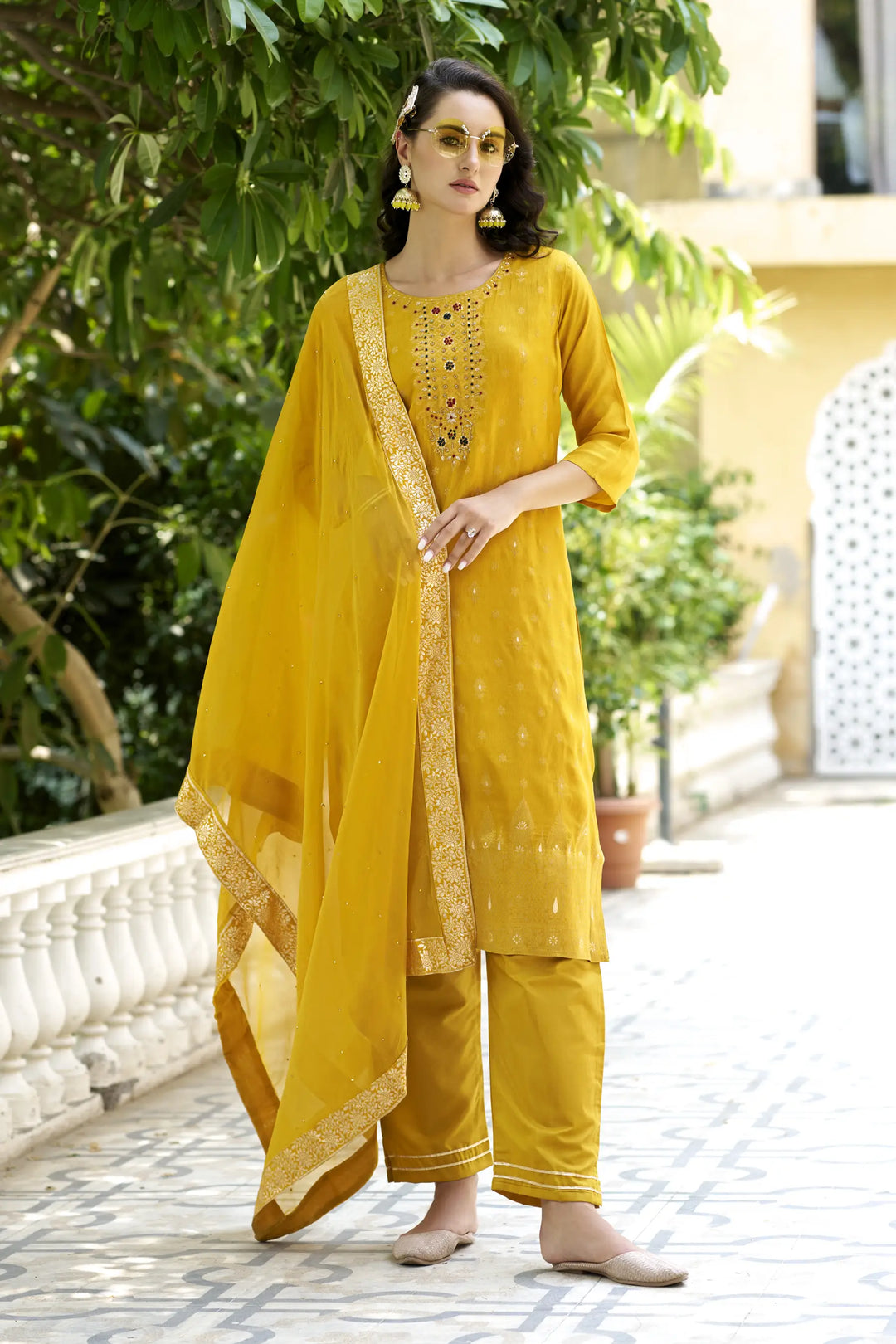 Designer Wevon Work Rayon Salwar Kameez in Yellow