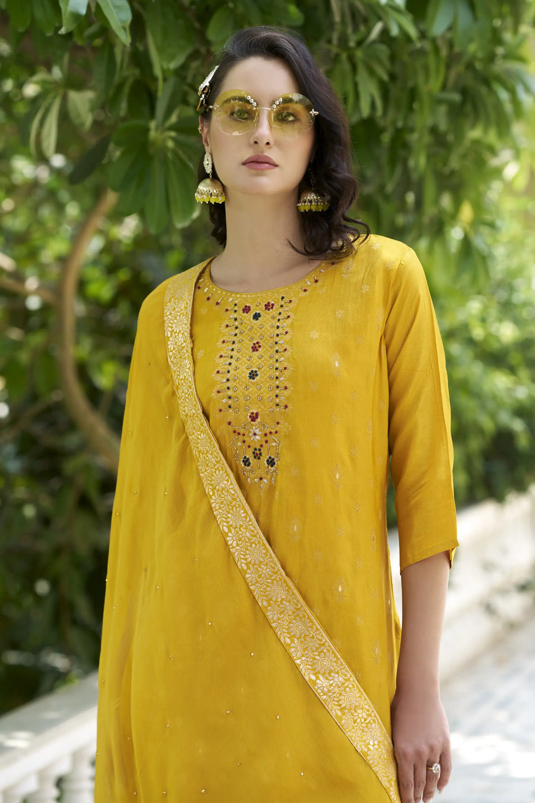 Designer Wevon Work Rayon Salwar Kameez in Yellow