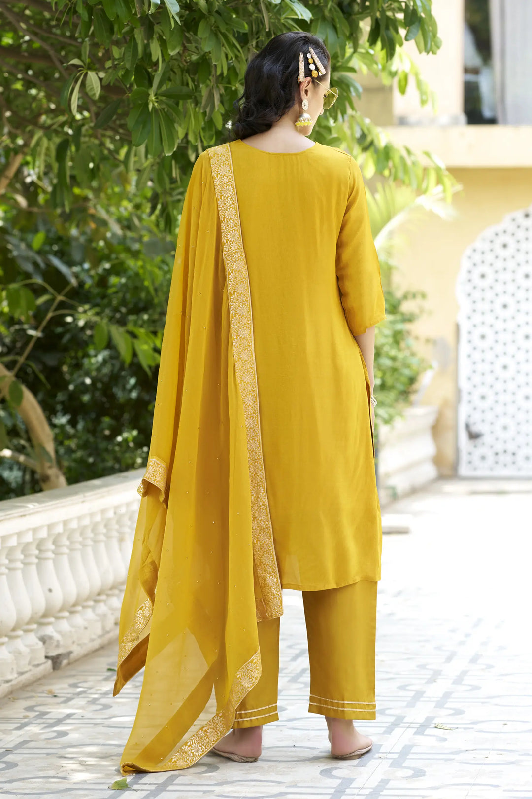 Designer Wevon Work Rayon Salwar Kameez in Yellow