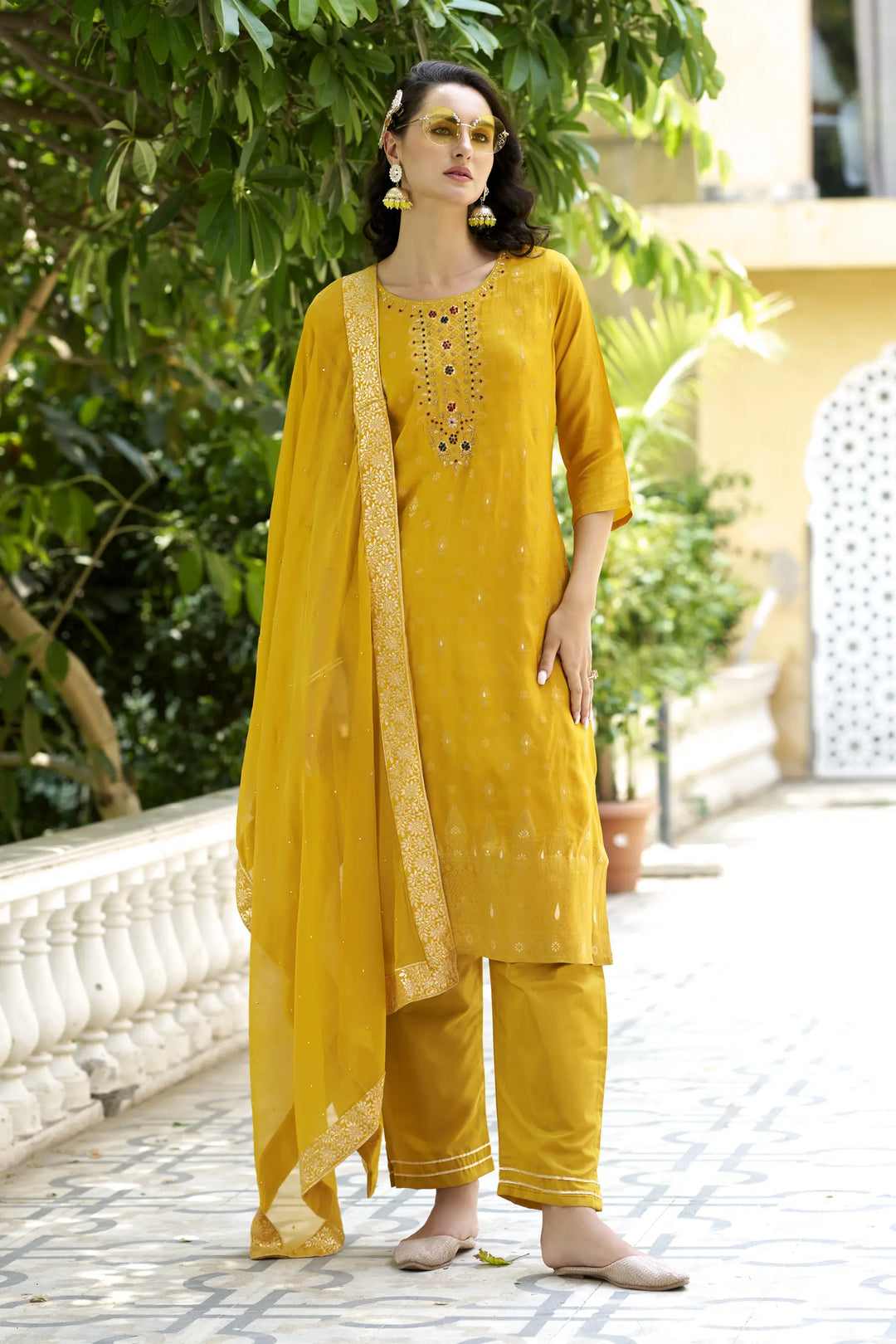 Designer Wevon Work Rayon Salwar Kameez in Yellow