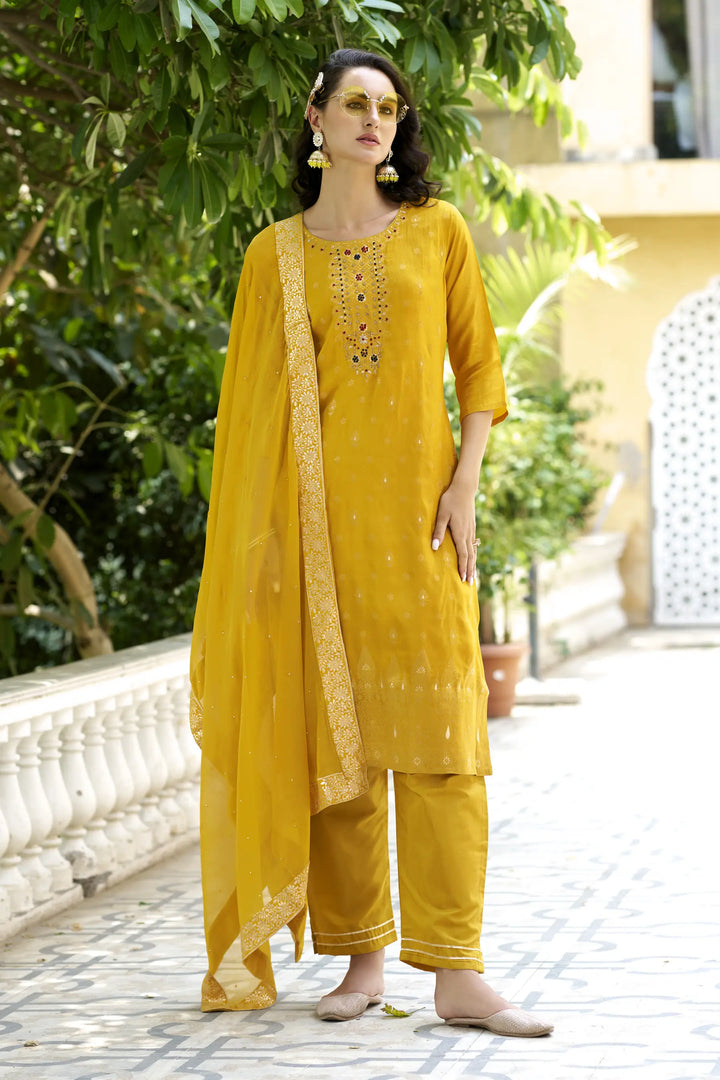 Designer Wevon Work Rayon Salwar Kameez in Yellow