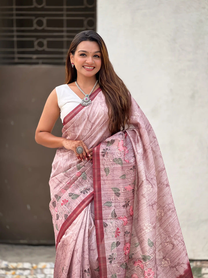 Exquisite Silk Saree with Floral Prints and Wevon Jari Border