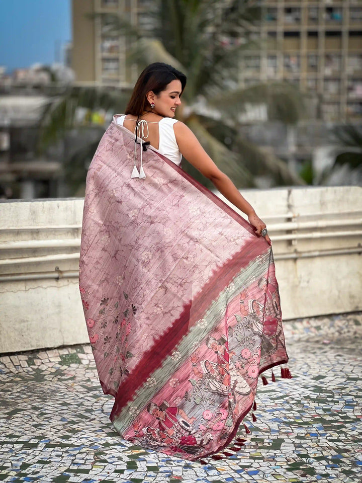 Exquisite Silk Saree with Floral Prints and Wevon Jari Border