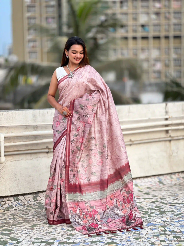Exquisite Silk Saree with Floral Prints and Wevon Jari Border